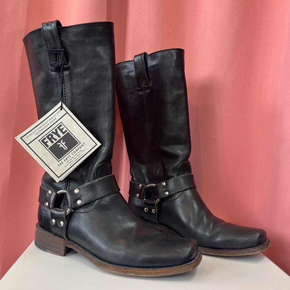 FRYE Leather Black Moto Harness Boots NWT / Womenās 8